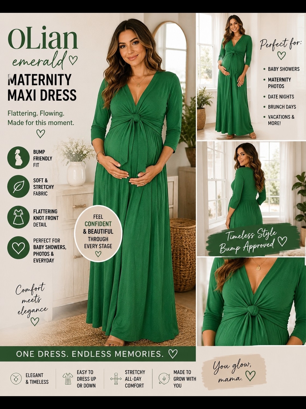 Olian Green Knot-Front Maternity Maxi Dress